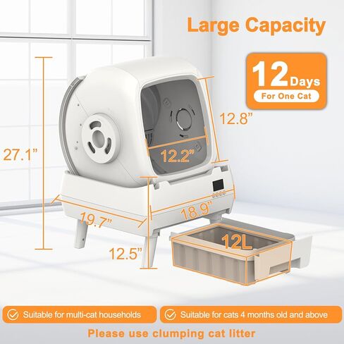 Automatic Cat Litter Box Self Cleaning - App Control, Cat Toilet Records, Suitable for Big Cats, Medium Cats, Kittens and Multi-Cat Families, Anti-Pinch, Low Noise【Assembly Required】- White in Kuwait