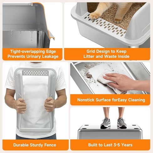 صندوق فضلات القطط من الستانلس ستيل مقاس XL للقطط، تصميم عالي الجوانب يمنع تسرب البول، غير لاصق، سهل التنظيف، يتضمن مغرفة، رمادي in Kuwait