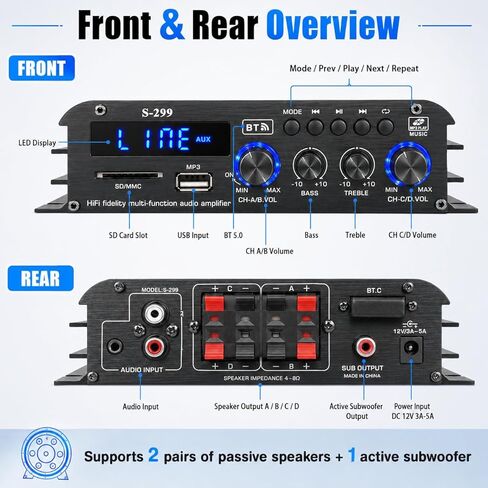 Romicta 4.1 Channel Mini Audio Amplifier Receiver, Power Amplifier, Bluetooth 5.0 Amplifier, 50Wx4 + Active Subwoofer, Integrated Hi-Fi Loudspeaker Amplifier, Audio Reduction System for Car or Home in Saudi Arabia