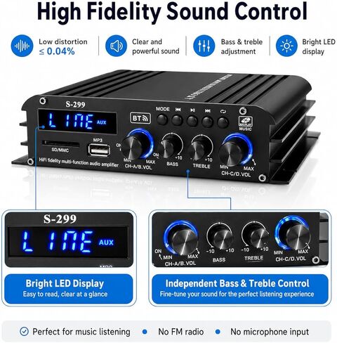 Romicta 4.1 Channel Mini Audio Amplifier Receiver, Power Amplifier, Bluetooth 5.0 Amplifier, 50Wx4 + Active Subwoofer, Integrated Hi-Fi Loudspeaker Amplifier, Audio Reduction System for Car or Home in Saudi Arabia