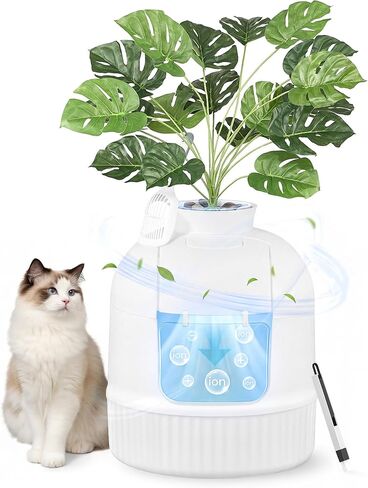 حاوية صندوق فضلات القطط من Feandrea Plant مع نبات صناعي، أثاث صندوق فضلات مخفي مغلق مع باب، فلتر كربون، التحكم في الرائحة، الحصى، مغرفة، فرشاة، حبر أسود UPPT006B101 in Kuwait