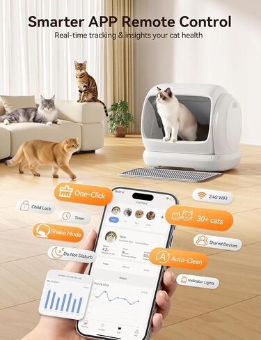صندوق فضلات القطط ذاتي التنظيف من MeoWant، صندوق فضلات القطط التلقائي ذو مساحة كبيرة جدًا بسعة 106 لتر، مثالي للقطط المتعددة، مستشعر أمان، مضاد للقرص، تحكم في التطبيق، خالٍ من الرائحة مع حصيرة وبطانة in Kuwait