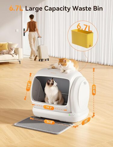 صندوق فضلات القطط ذاتي التنظيف من MeoWant، صندوق فضلات القطط التلقائي ذو مساحة كبيرة جدًا بسعة 106 لتر، مثالي للقطط المتعددة، مستشعر أمان، مضاد للقرص، تحكم في التطبيق، خالٍ من الرائحة مع حصيرة وبطانة in Kuwait