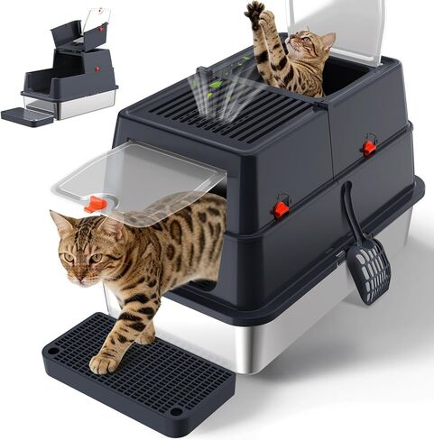 Stainless Steel Litter Box with Lid, Enclosed Metal Litter Box, Extra Large Kitty Litter Pan Covered with Scoop & Pedal, Odor Control, Odor Free, Front & Flip-Top Entry, Black in Kuwait
