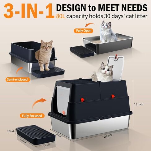 Stainless Steel Litter Box with Lid, Enclosed Metal Litter Box, Extra Large Kitty Litter Pan Covered with Scoop & Pedal, Odor Control, Odor Free, Front & Flip-Top Entry, Black in Kuwait