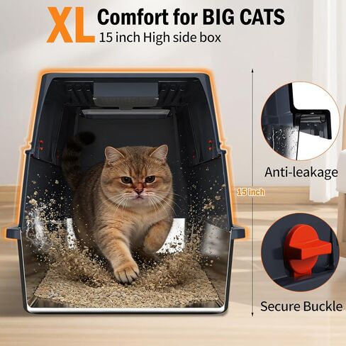 Stainless Steel Litter Box with Lid, Enclosed Metal Litter Box, Extra Large Kitty Litter Pan Covered with Scoop & Pedal, Odor Control, Odor Free, Front & Flip-Top Entry, Black in Kuwait