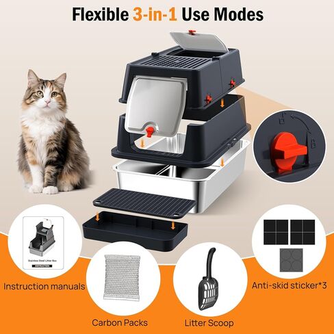 Stainless Steel Litter Box with Lid, Enclosed Metal Litter Box, Extra Large Kitty Litter Pan Covered with Scoop & Pedal, Odor Control, Odor Free, Front & Flip-Top Entry, Black in Kuwait