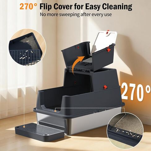 Stainless Steel Litter Box with Lid, Enclosed Metal Litter Box, Extra Large Kitty Litter Pan Covered with Scoop & Pedal, Odor Control, Odor Free, Front & Flip-Top Entry, Black in Kuwait