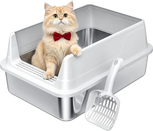 Stainless Steel Litter Box with High Sides, Small Metal Litter Box for Kittens & Senior Cats, Open Top Low Entry Non-Stick Easy Clean with Scoop, Gray in Kuwait