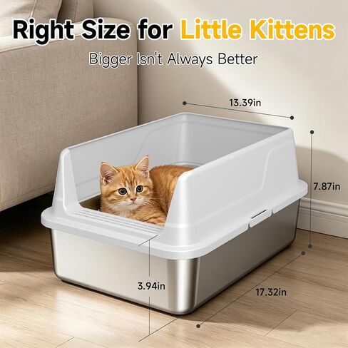 Stainless Steel Litter Box with High Sides, Small Metal Litter Box for Kittens & Senior Cats, Open Top Low Entry Non-Stick Easy Clean with Scoop, Gray in Kuwait