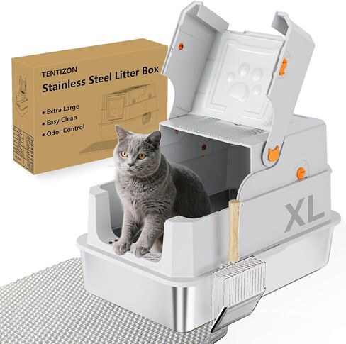 TENTIZON Stainless Steel Cat Litter Box with Lid, Large Covered Enclosed Kitty Litterbox with Hood, Flip Top, High Side, Litter Mat, Scoop for Big Cats, Kitten, No Odor, No Mess, Easy Clean, Grey in Kuwait