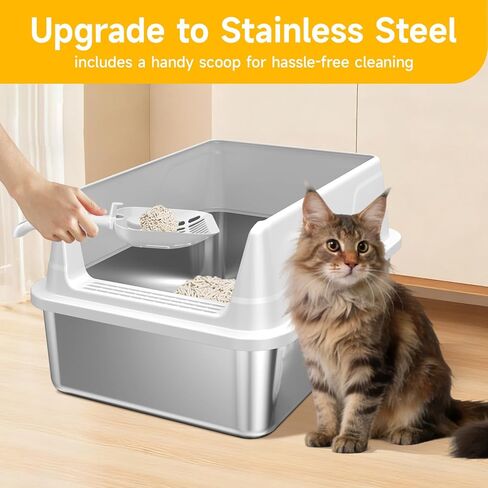 Stainless Steel Litter Box with High Sides, Small Metal Litter Box for Kittens & Senior Cats, Open Top Low Entry Non-Stick Easy Clean with Scoop, Gray in Kuwait