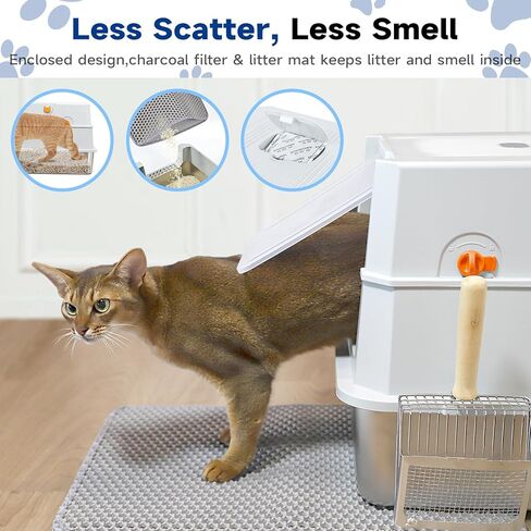 TENTIZON Stainless Steel Cat Litter Box with Lid, Large Covered Enclosed Kitty Litterbox with Hood, Flip Top, High Side, Litter Mat, Scoop for Big Cats, Kitten, No Odor, No Mess, Easy Clean, Grey in Kuwait