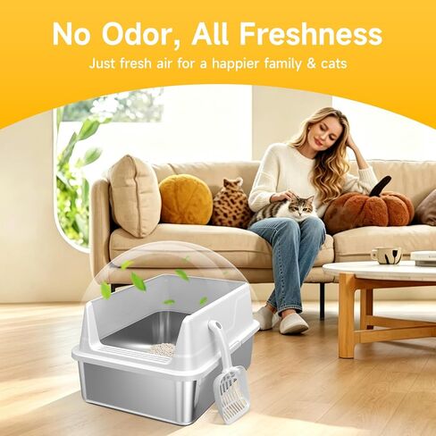 Stainless Steel Litter Box with High Sides, Small Metal Litter Box for Kittens & Senior Cats, Open Top Low Entry Non-Stick Easy Clean with Scoop, Gray in Kuwait