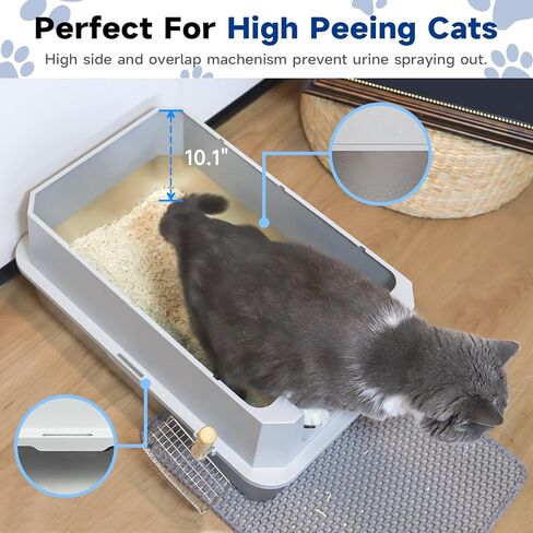 TENTIZON Stainless Steel Cat Litter Box with Lid, Large Covered Enclosed Kitty Litterbox with Hood, Flip Top, High Side, Litter Mat, Scoop for Big Cats, Kitten, No Odor, No Mess, Easy Clean, Grey in Kuwait
