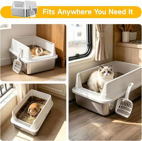 Stainless Steel Litter Box with High Sides, Small Metal Litter Box for Kittens & Senior Cats, Open Top Low Entry Non-Stick Easy Clean with Scoop, Gray in Kuwait