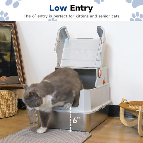 TENTIZON Stainless Steel Cat Litter Box with Lid, Large Covered Enclosed Kitty Litterbox with Hood, Flip Top, High Side, Litter Mat, Scoop for Big Cats, Kitten, No Odor, No Mess, Easy Clean, Grey in Kuwait