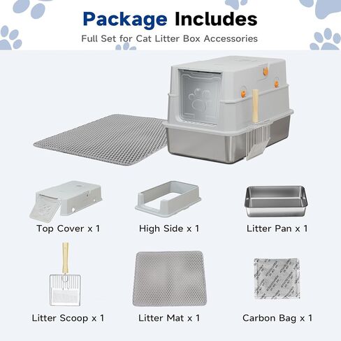 TENTIZON Stainless Steel Cat Litter Box with Lid, Large Covered Enclosed Kitty Litterbox with Hood, Flip Top, High Side, Litter Mat, Scoop for Big Cats, Kitten, No Odor, No Mess, Easy Clean, Grey in Kuwait