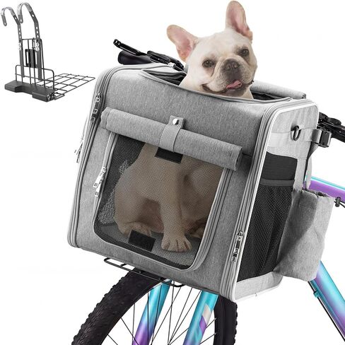Expandable Dog Bike Basket with Secure Mounting Bracket, Multi-Functional Foldable Pet Carrier Backpack for Small Dogs & Cats, Features Safety Buckle & 4 Mesh Windows(Light Gray for MTB) in Kuwait