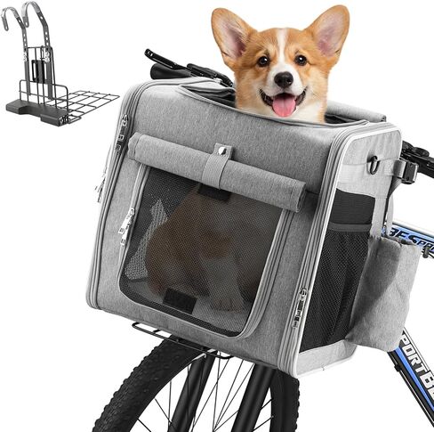 Xixter Dog Bike Basket Carrier – Secure Pet Bicycle Basket with Mesh, Safety Lanyard & Contains Metal Supports Reflective Strips for Small Dogs up to 22 lbs,Suitable for Mountain Bikes Grey in Kuwait
