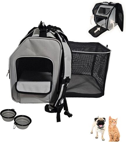 Expandable Pet Backpack Carrier – Dog & Cat, Bonus 2 Collapsible Pet Bowls, Travel Bag with 4-Way Entry, Mesh Windows, Storage Pockets, Secure Zippers, Washable Cushion in Kuwait