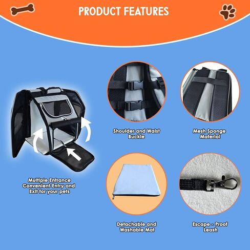 Expandable Pet Backpack Carrier – Dog & Cat, Bonus 2 Collapsible Pet Bowls, Travel Bag with 4-Way Entry, Mesh Windows, Storage Pockets, Secure Zippers, Washable Cushion in Kuwait