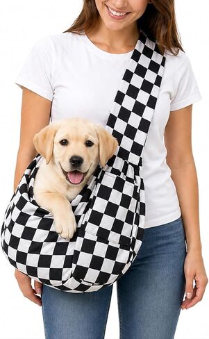 Dog Sling Carrier for Small Dogs and Cats 5–16 lbs, Puppy Cat Carrier Sling with Safety Hook and Storage Pocket, Hands Free Pet Carrier Purse for Travel, Walking, Shopping (Ebony Check) in Saudi Arabia