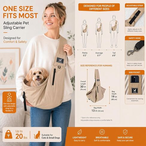 Pet Sling Carrier for Small Dogs and Cats 5-20lbs, Dog Sling with Adjustable Depth, Breathable Air Mesh Puppy Travel Bag, Water Resistant Fabric, Double Safety Leash, Machine Washable,Caramel in Kuwait