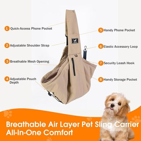 Pet Sling Carrier for Small Dogs and Cats 5-20lbs, Dog Sling with Adjustable Depth, Breathable Air Mesh Puppy Travel Bag, Water Resistant Fabric, Double Safety Leash, Machine Washable,Caramel in Kuwait