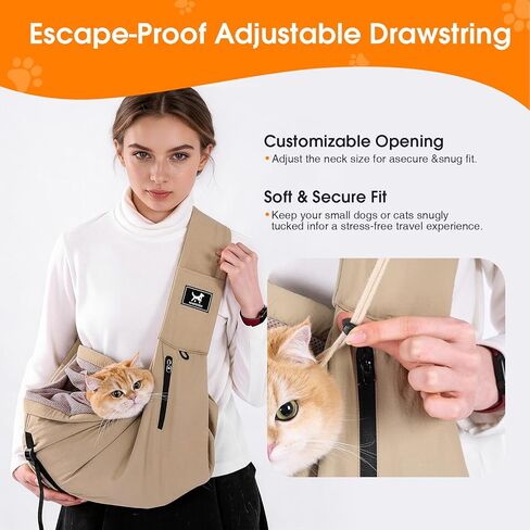 Pet Sling Carrier for Small Dogs and Cats 5-20lbs, Dog Sling with Adjustable Depth, Breathable Air Mesh Puppy Travel Bag, Water Resistant Fabric, Double Safety Leash, Machine Washable,Caramel in Kuwait