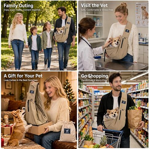 Pet Sling Carrier for Small Dogs and Cats 5-20lbs, Dog Sling with Adjustable Depth, Breathable Air Mesh Puppy Travel Bag, Water Resistant Fabric, Double Safety Leash, Machine Washable,Caramel in Kuwait