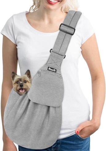 SlowTon Dog Carrier Sling - Thick Padded Shoulder Strap Adjustable Dog Carriers for Small Dogs, Puppy Carrier Purse for Pet Cat with Front Zipper Pocket Safety Belt Machine Washable (Grey M) in Kuwait