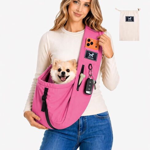 Pet Sling Carrier for Small Dogs and Cats 5-20lbs, Dog Sling with Adjustable Depth, Breathable Air Mesh Puppy Travel Bag, Water Resistant Fabric, Double Safety Leash, Machine Washable,Caramel in Kuwait