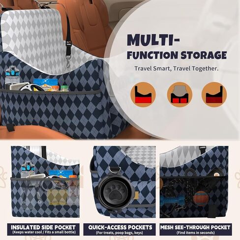 Dog Car Seat for Small/Medium Dogs up to 35lbs, 4-Pocket Storage Memory Foam Dog Booster Seat, Detachable Washable Pet Car Seat with Safety Belt, Outdoor & Indoor Use (Blue/Grey) in Kuwait