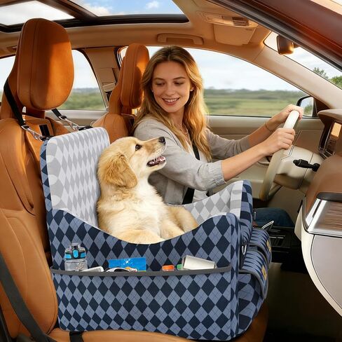 Dog Car Seat for Small/Medium Dogs up to 35lbs, 4-Pocket Storage Memory Foam Dog Booster Seat, Detachable Washable Pet Car Seat with Safety Belt, Outdoor & Indoor Use (Blue/Grey) in Kuwait