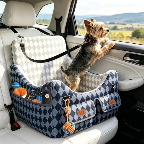 Dog Car Seat for Small/Medium Dogs up to 35lbs, 4-Pocket Storage Memory Foam Dog Booster Seat, Detachable Washable Pet Car Seat with Safety Belt, Outdoor & Indoor Use (Blue/Grey) in Kuwait