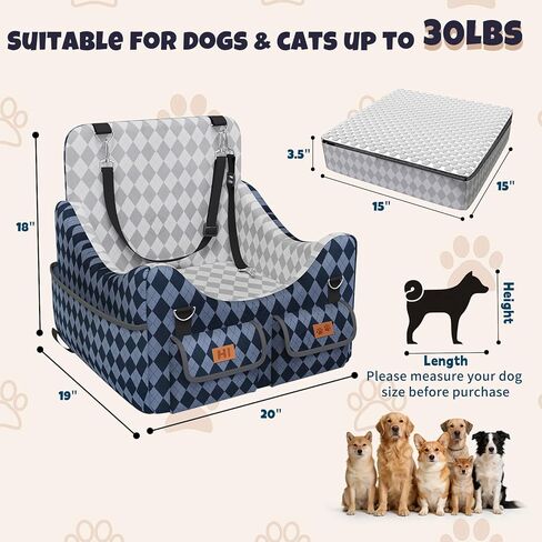 Dog Car Seat for Small/Medium Dogs up to 35lbs, 4-Pocket Storage Memory Foam Dog Booster Seat, Detachable Washable Pet Car Seat with Safety Belt, Outdoor & Indoor Use (Blue/Grey) in Kuwait