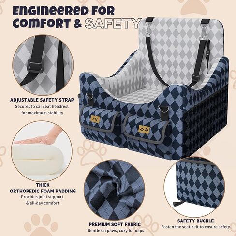 Dog Car Seat for Small/Medium Dogs up to 35lbs, 4-Pocket Storage Memory Foam Dog Booster Seat, Detachable Washable Pet Car Seat with Safety Belt, Outdoor & Indoor Use (Blue/Grey) in Kuwait