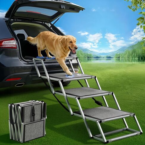 Dog Stairs for Large Dogs, 𝟐𝟎'' 𝐄𝐱𝐭𝐫𝐚 𝐖𝐢𝐝𝐞 Foldable Dog Ramp for Car, SUV & Truck, Non-Slip DogSteps for High Beds, 4-Step Aluminum Frame, Supports up to 250 lbs in Kuwait