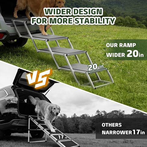Dog Stairs for Large Dogs, 𝟐𝟎'' 𝐄𝐱𝐭𝐫𝐚 𝐖𝐢𝐝𝐞 Foldable Dog Ramp for Car, SUV & Truck, Non-Slip DogSteps for High Beds, 4-Step Aluminum Frame, Supports up to 250 lbs in Kuwait