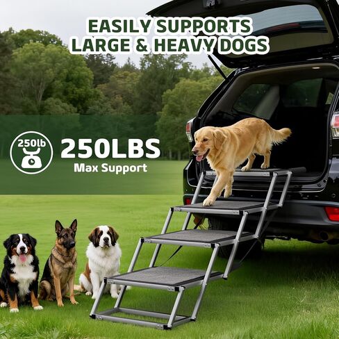 Dog Stairs for Large Dogs, 𝟐𝟎'' 𝐄𝐱𝐭𝐫𝐚 𝐖𝐢𝐝𝐞 Foldable Dog Ramp for Car, SUV & Truck, Non-Slip DogSteps for High Beds, 4-Step Aluminum Frame, Supports up to 250 lbs in Kuwait