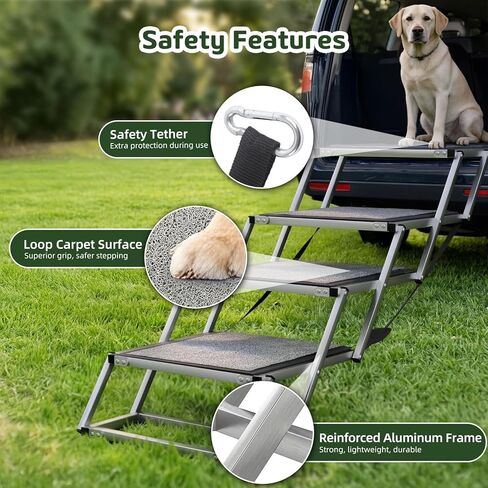 Dog Stairs for Large Dogs, 𝟐𝟎'' 𝐄𝐱𝐭𝐫𝐚 𝐖𝐢𝐝𝐞 Foldable Dog Ramp for Car, SUV & Truck, Non-Slip DogSteps for High Beds, 4-Step Aluminum Frame, Supports up to 250 lbs in Kuwait