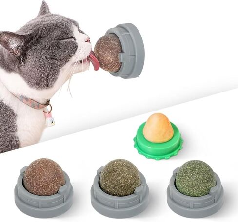 Potaroma Catnip Toys Balls 4 Pcs, Extra Cat Energy Ball, Edible Kitten Silvervine Toys for Cats Lick, Healthy Kitty Teeth Cleaning Dental Chew Toys, Cat Wall Treats (Green) in Kuwait