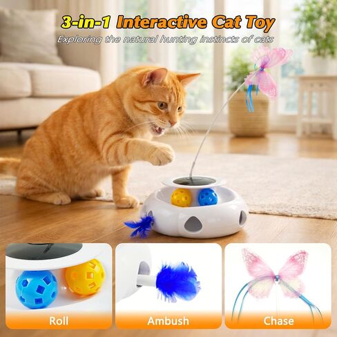 3-in-1 Interactive Cat Toy with Remote Control, Automatic Feather Teaser & Rolling Ball Track, Smart Cat Toy for Indoor Cats, Multi-Play Cat Enrichment Toy for Exercise & Boredom Relief in Kuwait