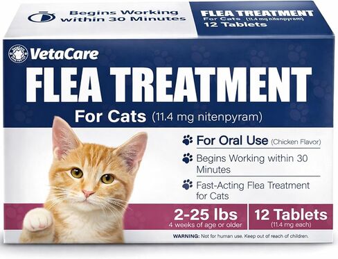 (Nitenpyram) Oral Cat Flea Treatment, Fast-Acting Flea Treatment for Cats Weighing 2-25 lbs, Begins Working Within 30 Minutes, Chicken Flavor, 12 Doses in Kuwait
