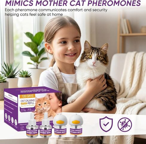 Cat Calming Pheromone Diffuser Kit, 2 Plug-Ins + 4 Refills (48ml Each),Long-Lasting Stress & Anxiety Relief, Reduces Fighting, Spraying & Scratching, Safe & Drug-Free Comfort for All Cats and Kittens in Kuwait