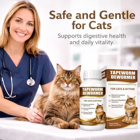 Cat Dewormer Liquid Broad Spectrum Treatment for Tapeworms, Roundworms & Hookworms with Praziquantel & Pyrantel Pamoate, 120ml in Kuwait