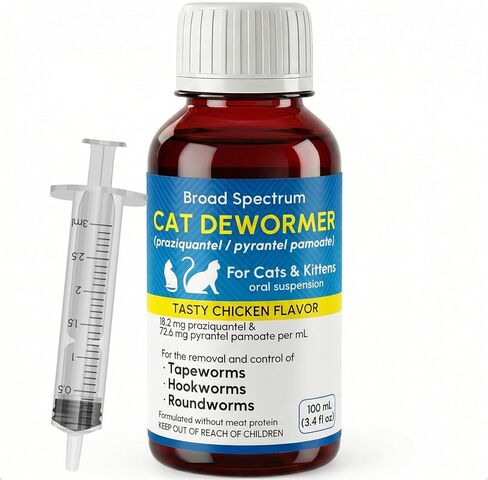 Liquid Dewormer for Cat and Kittens, Praziquantel and Pyrantel Pamoate Oral Suspension, Broad Spectrum Removes Roundworm, Hookworm, Tapeworm, Includes 3ml Dosing Syringe (100ml) in Kuwait