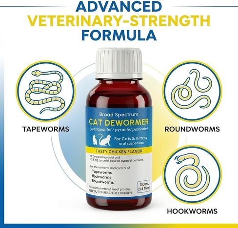 Liquid Dewormer for Cat and Kittens, Praziquantel and Pyrantel Pamoate Oral Suspension, Broad Spectrum Removes Roundworm, Hookworm, Tapeworm, Includes 3ml Dosing Syringe (100ml) in Kuwait