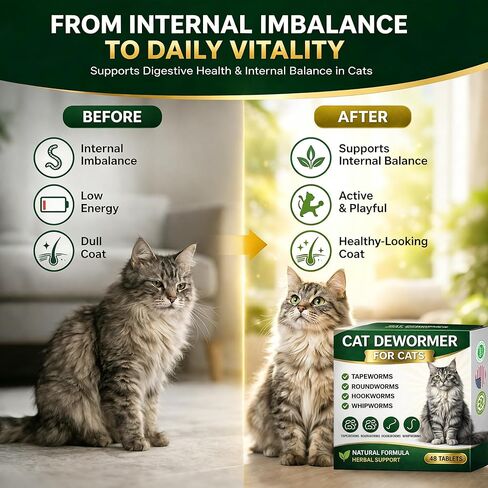Dewormer for Cats, Broad Spectrum Dewormers for Cats and Kittens, Cat Dewormer for All wormers, Hookworms, Whipworms, Tapeworms & Roundworms, Promotes Digestive Comfort & Daily Balance, 48 Tablets in Kuwait